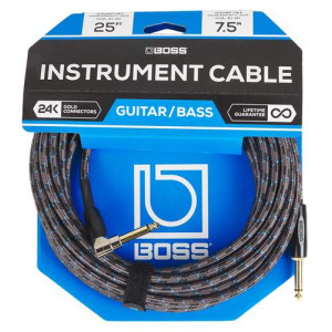 Boss BIC-25A 25FT / 7.5M INSTRUMENT CABLE, ANGLED/STRAIGHT 1/4" JACK